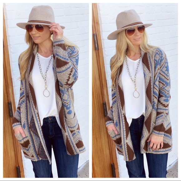 TIME TO KNOW AZTEC CARDIGAN- MOCHA AND BLUE - Picture 2 of 2